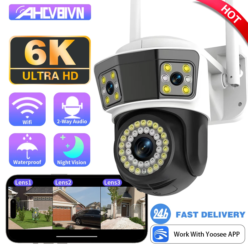 6K 12MP WiFi Camera Outdoor Triple Lens Triple Screen Security Mobile Body Detection Outdoor IP CCTV Survalance Yoosee App