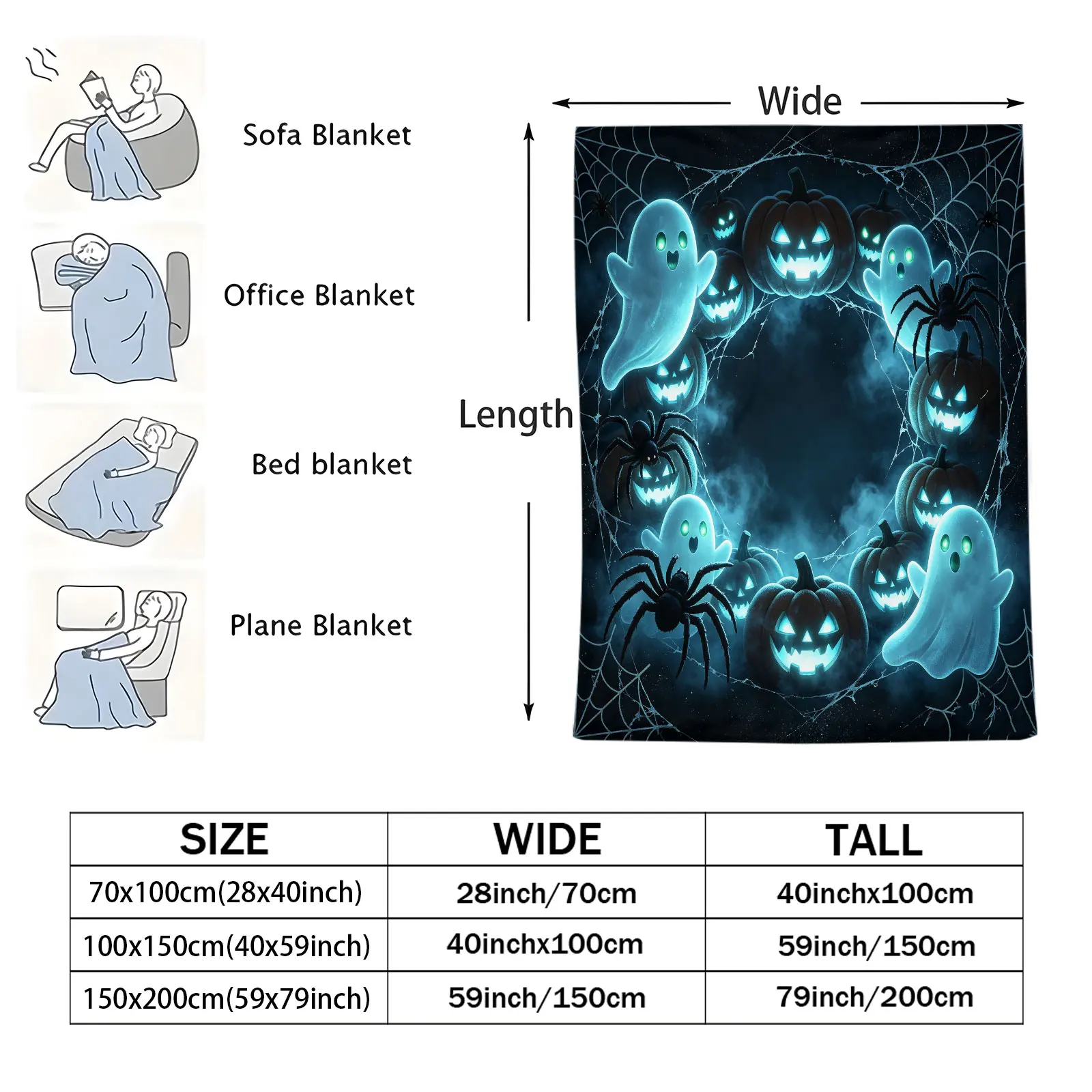Spooky Glowing Blue Ghost Pumpkin Spider Halloween Throw Blanket Gothic Dark‑themed Flannel Blanket Horror Decor Blankets Gift