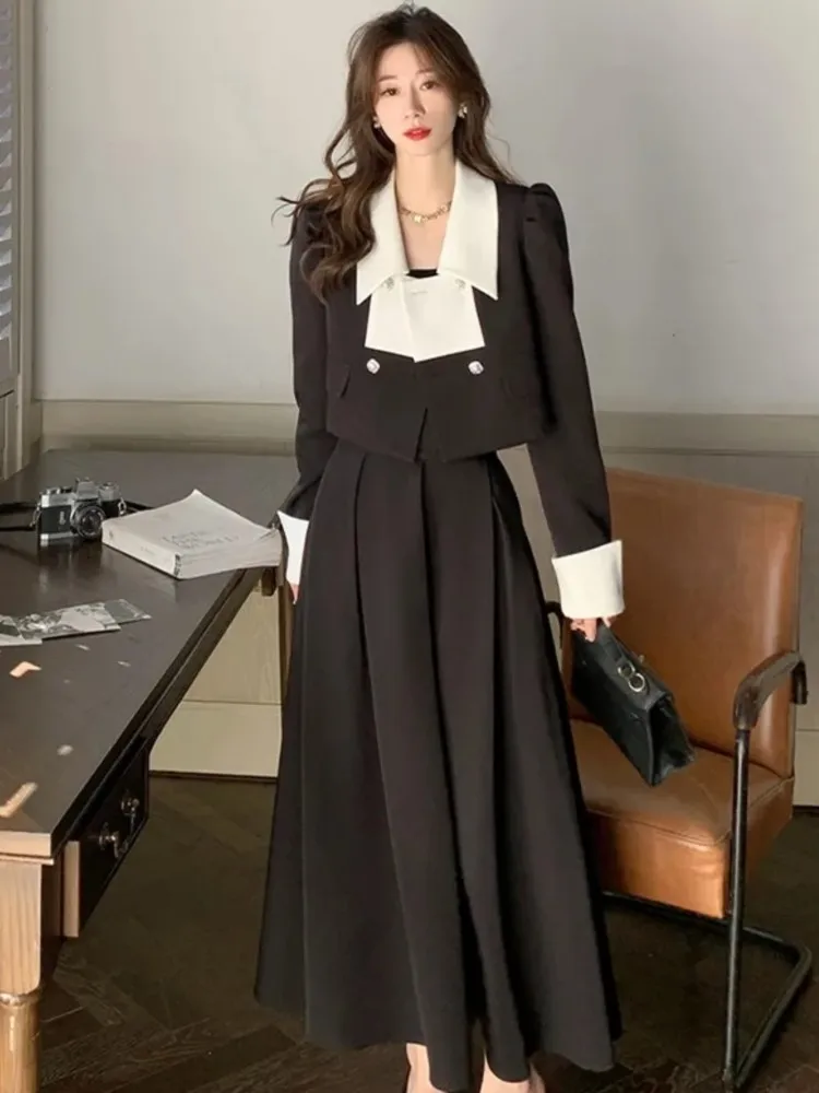 New Autumn Solid Skirt Suits Women Elegant Long Sleeve Short Coat Chic Midi Skirts 2 Pieces Set Female Fashion Party Outfits