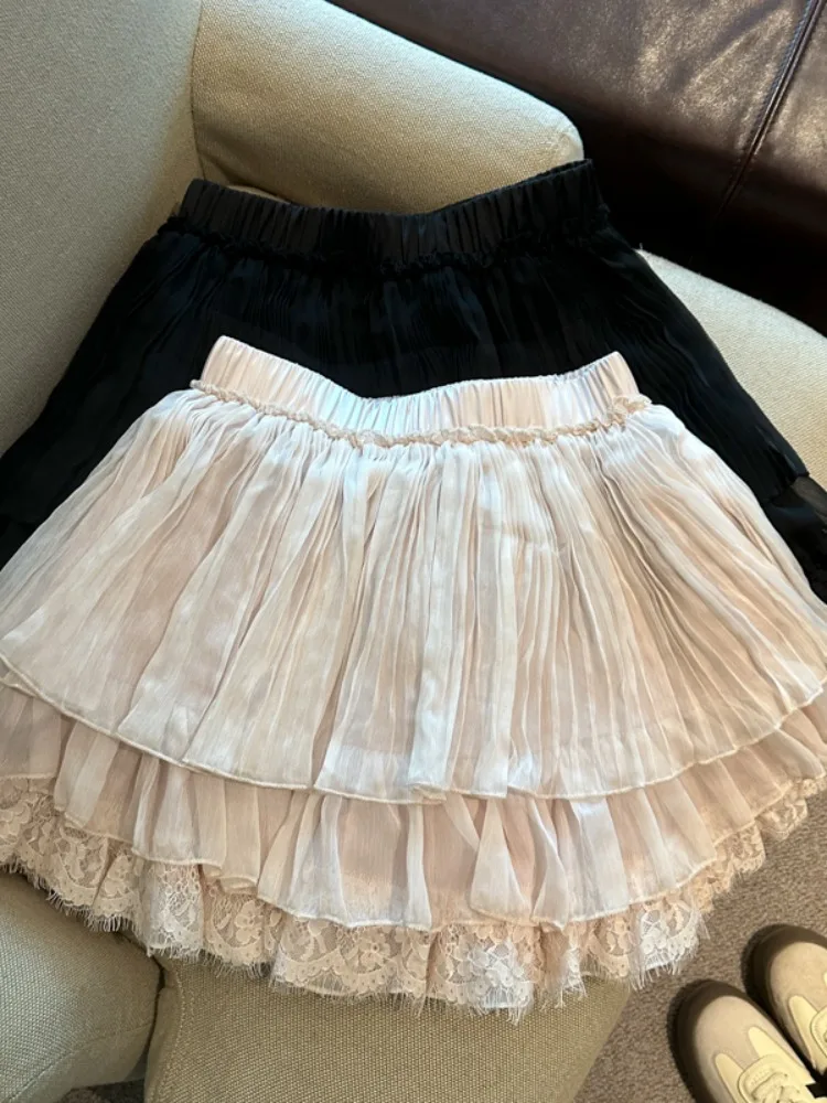 Sweet Style Lace Trim Mesh Cake Skirt Women's Summer New High Waist Slimming Fluffy Half Skirt A-Line Short Skirt