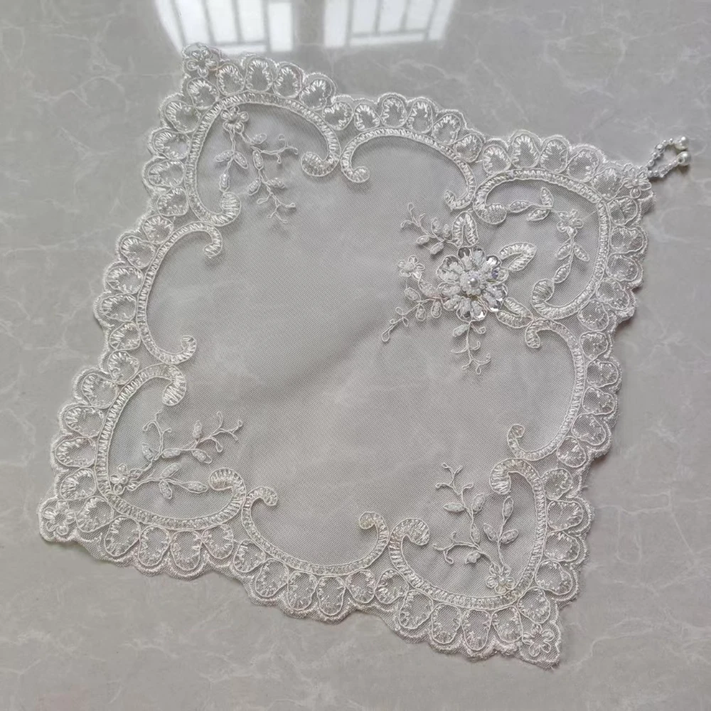 Beautiful Placemats White 28cm Square Floral Beaded Embroidery Polyester Mesh Mat Desk Ornaments