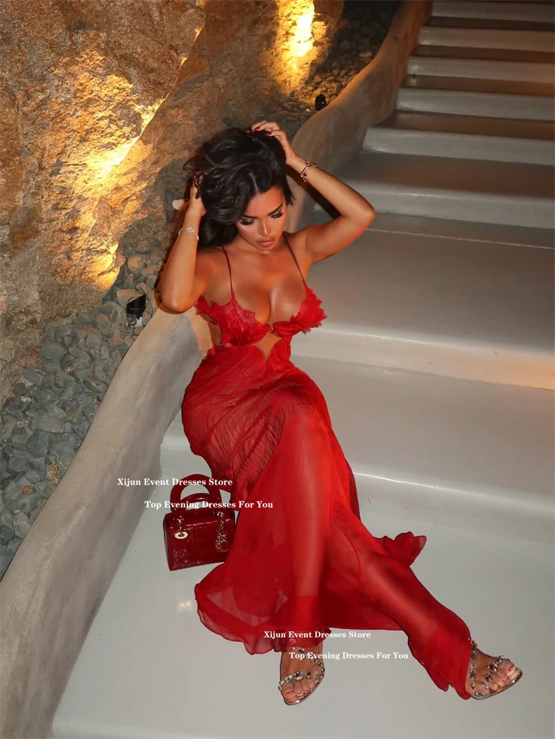 Xijun Sexy Red Chiffon Evening Dresses Spaghetti Strap Split Long Prom Dresses Backless Birthday Party Dresses 2025 Customized image 2