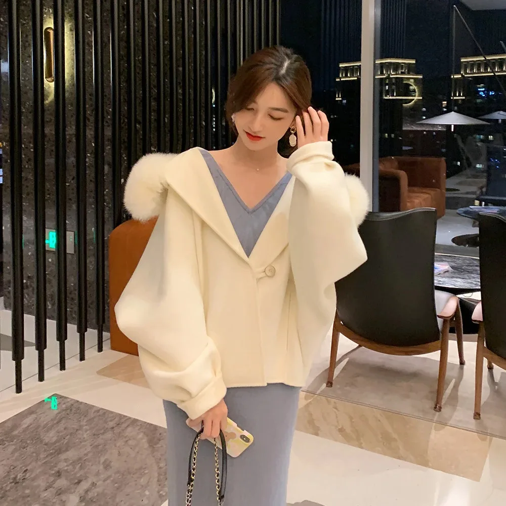 2024 Double-sided Cashmere Coat Female Autumn Winter New Fashion Fox Fur Collar Short Small Woolen Loose Wool Real Fur Coat