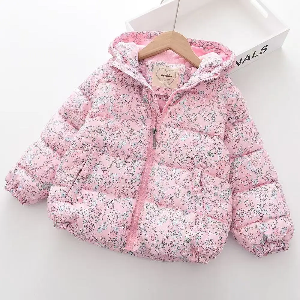 

Girls Floral Padded Cotton Jacket 3-9Y Middle Small Children Winter Short Coat 100-150cm Female Kids Hooded Cotton Outerwear