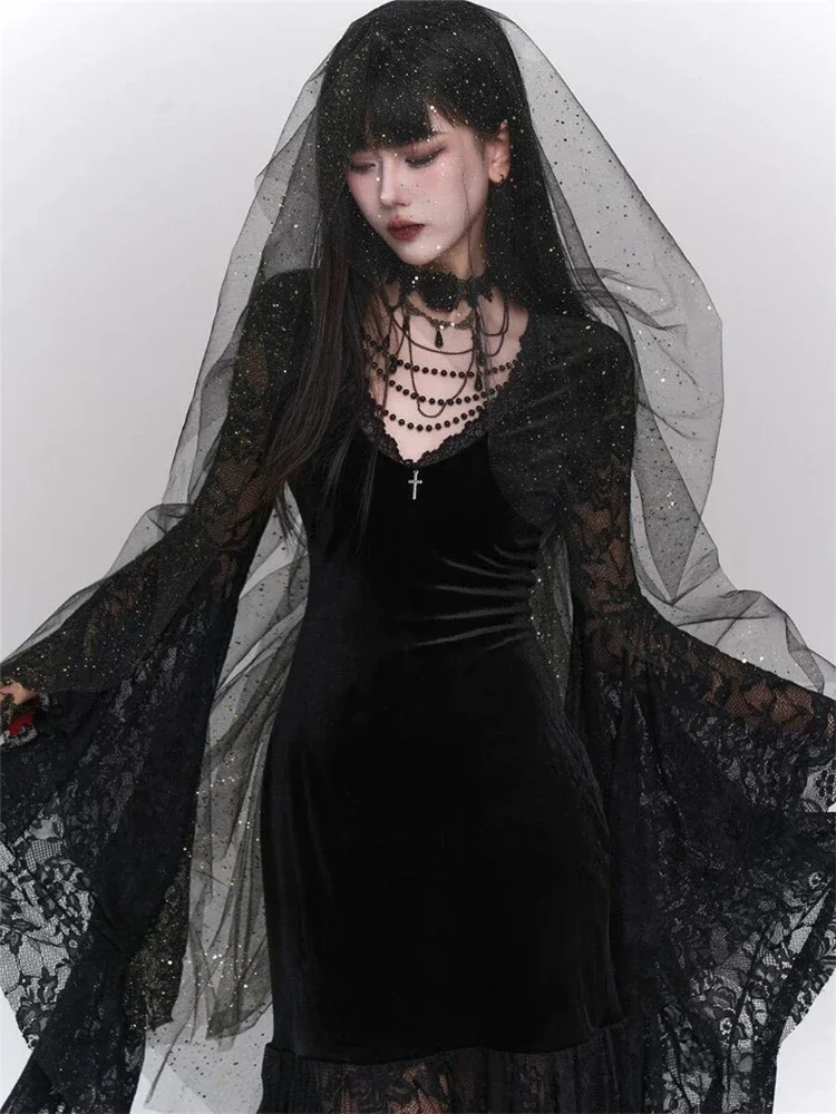 Vintage Dark Gothic Lace Splicing Long Sleeve Dress 2024 Autumn New Collection Retro Punk Elegance Slim Cake Long Dresses Women