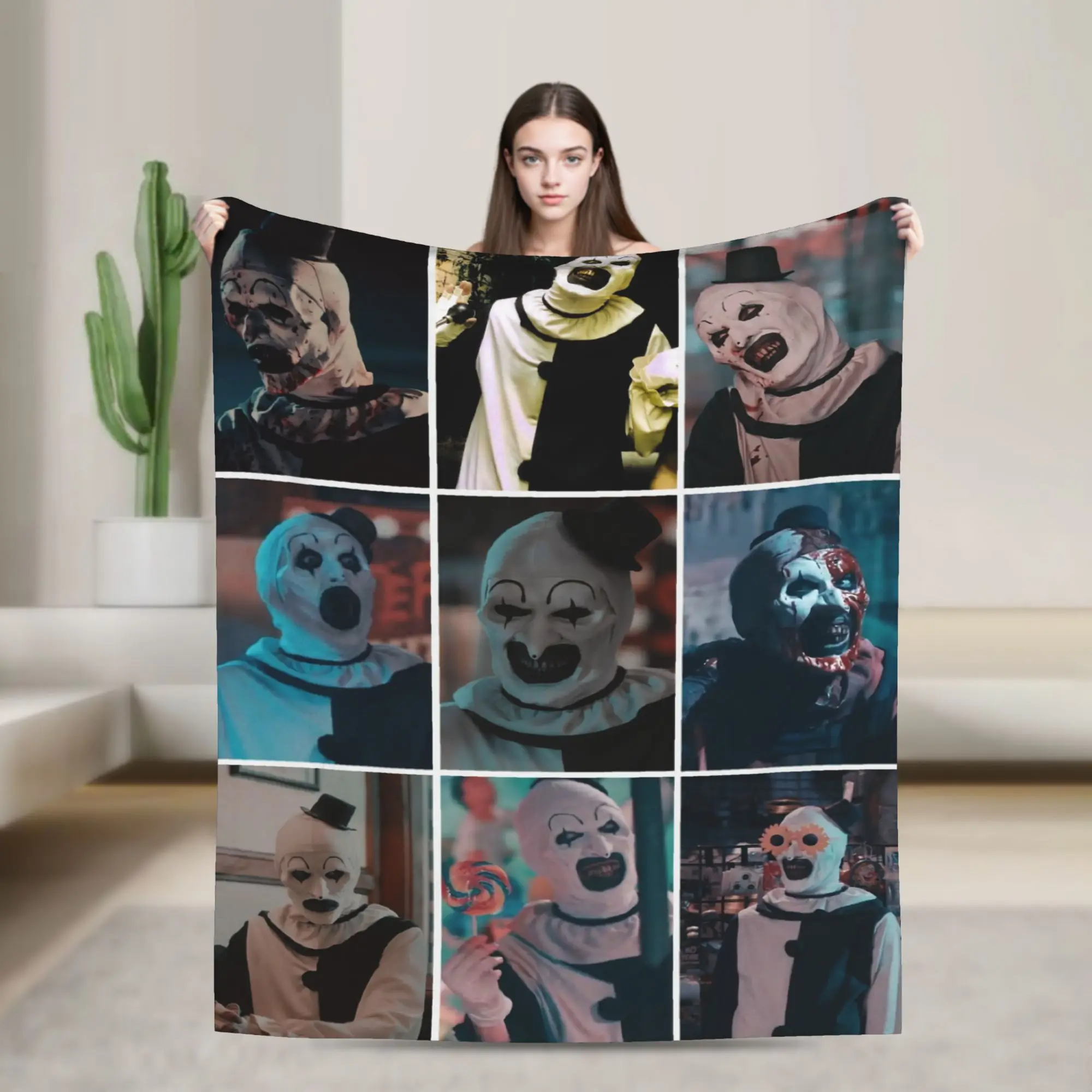 Terrifier Knitted Blankets Coral Fleece Plush Horror Movie Lightweight Thin Throw Blankets for Home Couch Bedroom Quilt