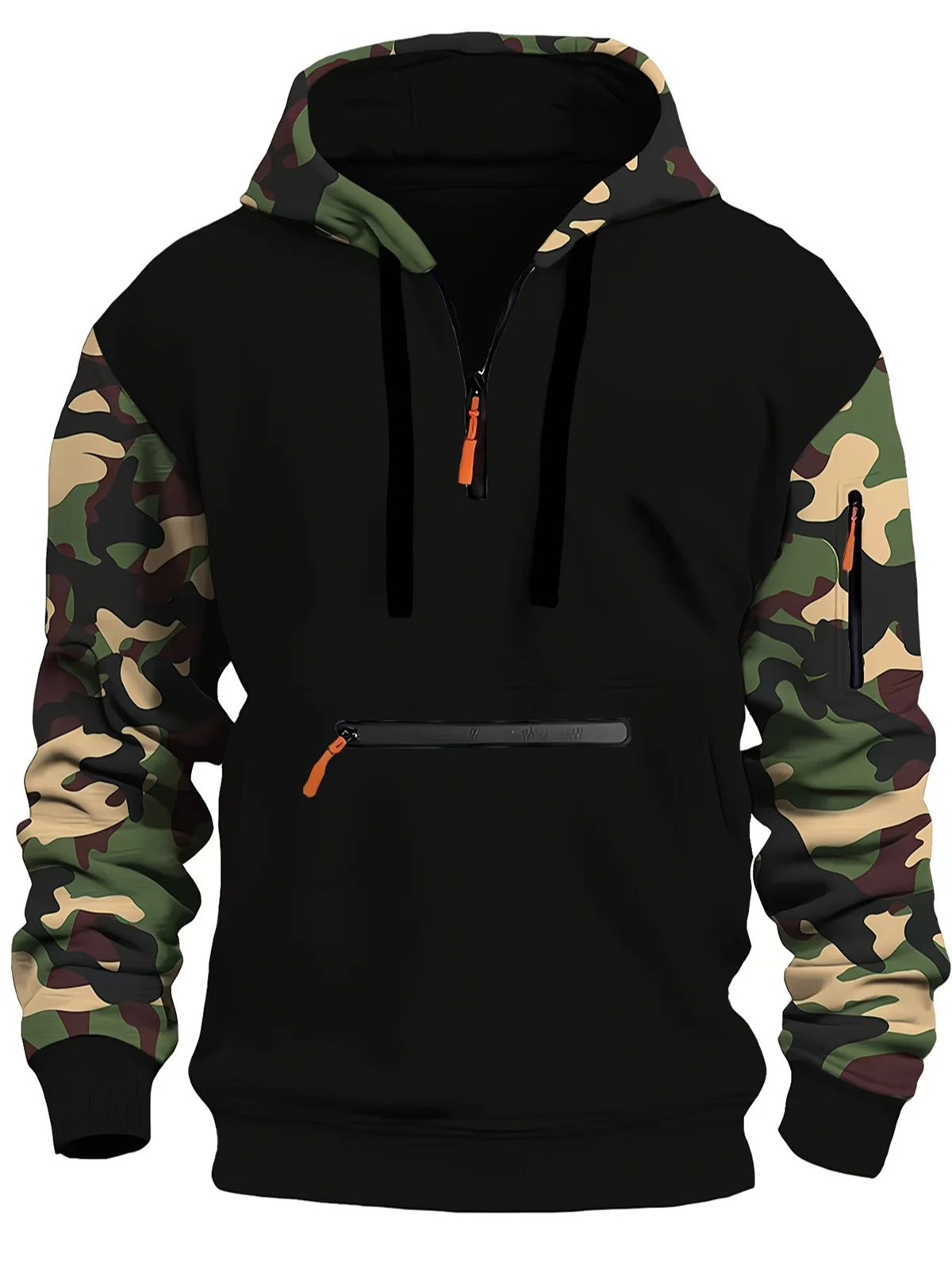 Tiki Winter Thick Fleece Warm Military Camouflage Color Contrast Outdoor Exercise Trend Men's Casual Hoodie