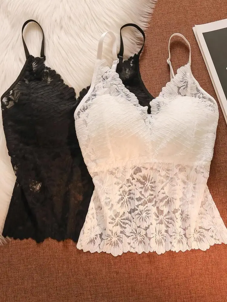 توب نسائي صيفي مثير بحمالات دانتيل أبيض، ملابس داخلية نسائية قطعة واحدة مع حمالة صدر مدمجة
