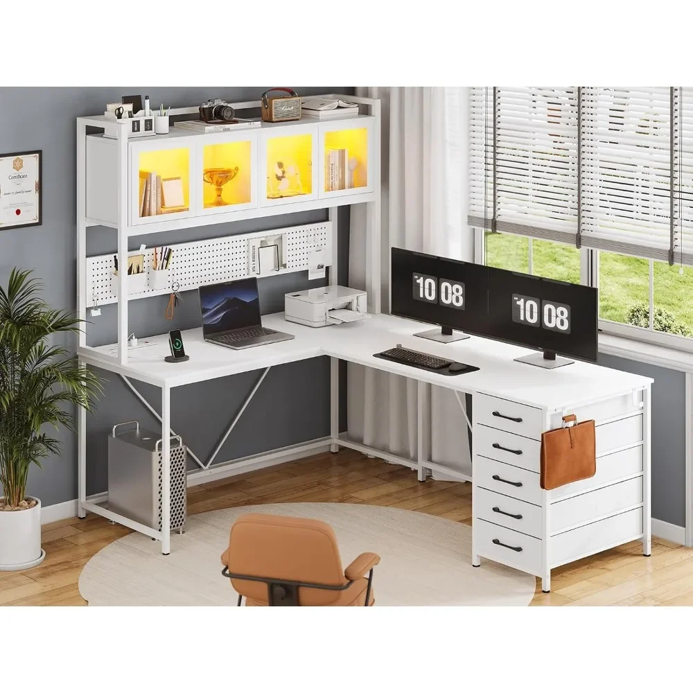 Bureau d'ordinateur en forme de L avec étagères de rangement, panneau perforé, lumières LED, prises, bureau à domicile, table d'angle, grande table de jeu