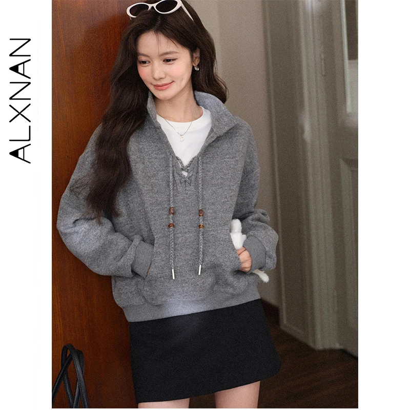 

ALXNAN Gray Sweatshirt V-Neck Drawstring Stand-up Collar Pocket Woman's Tops Casual Sport Versatile Commuting Clothing L58701
