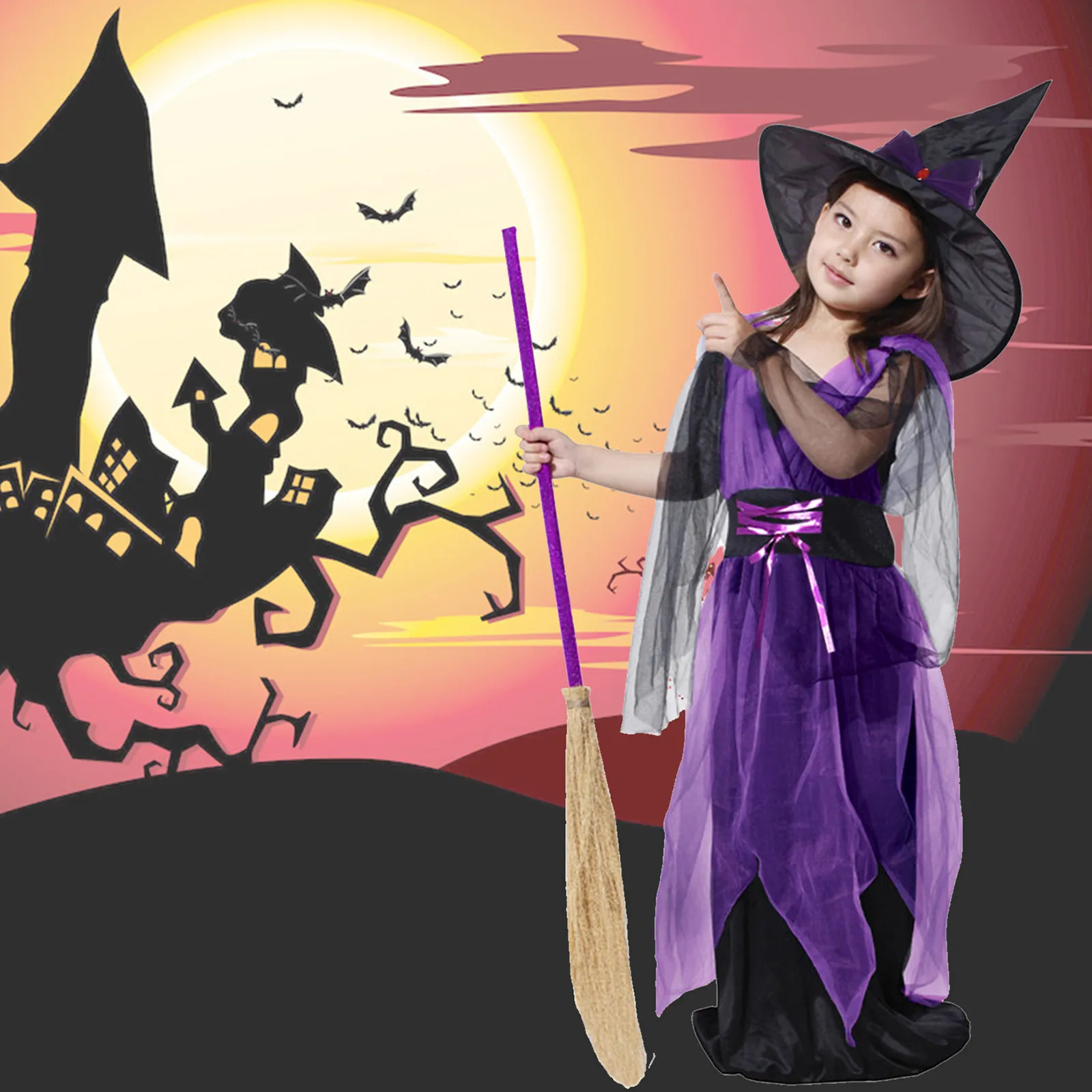 

Halloween Children Girls Cosplay Witch Party Dress Gothic Ghost Costume Kids Gown Robe Tutu Dress Witch Set for Carnival Party