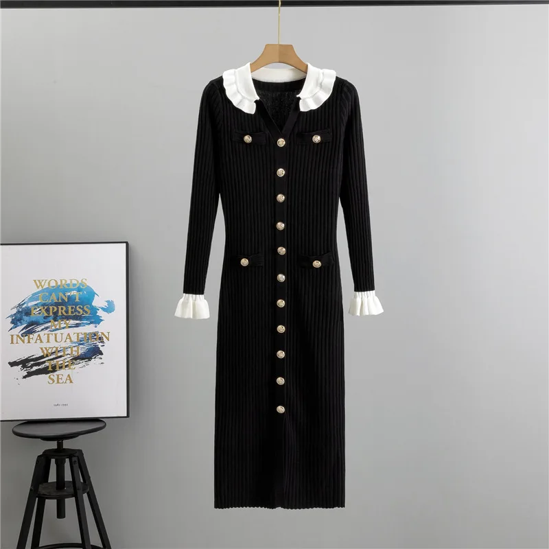 Sweater Dress Women Knit Dresses Ruffles Casual Elegant Long Knitted Vestidos High Waist Y2k Streetwear Single Breasted Spring