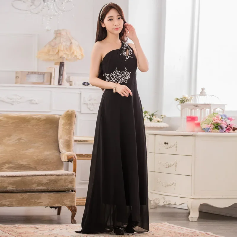 

Plus Size Women Clothing One Shoulder with Hollow Out Chiffon Strapless Diamonds Long Dress for Evening Party