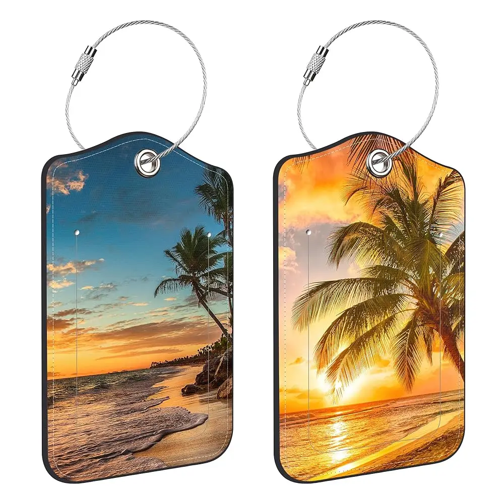 

Luggage Tags for Suitcase,2 Pack Sunset Beach PU Leather Luggage Tags with Stainless Steel Loop Privacy Cover ID Address Labe