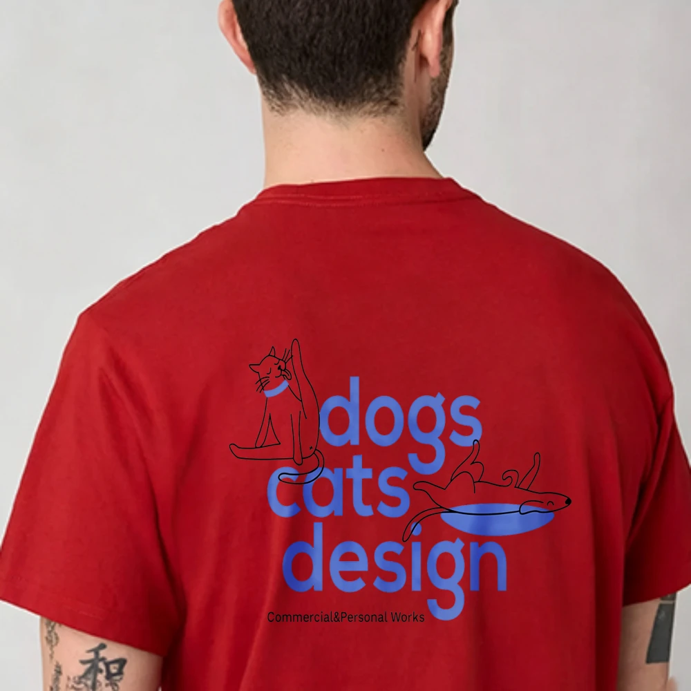 Dogs Cats Design Two Line Art Pet Playing on Frisbee Blue Gradient Font T Shirt Cotton Tee Cat and Dog Lover Simple Sketch Tops