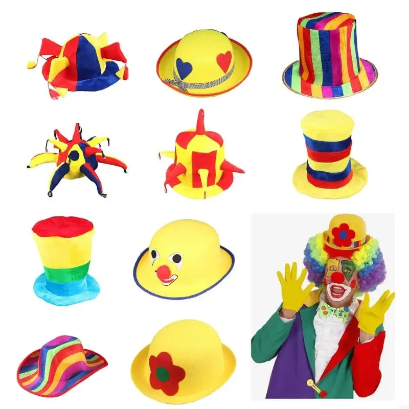 N5KB Rainbow Color Circus Clown Hat Vintage Flat Top Hat Clown Felt Christmas Cosplay Clown Hat Show Accessories