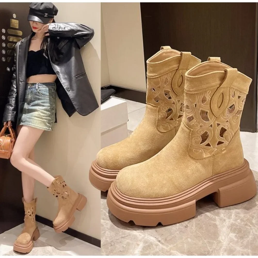 

Square Heel Spring/autumn Modern Boots Ankle Slip-on Round Toe 2024 Hot Sale Shoes Female Mid Heel Hollow Novelty Women's Boots