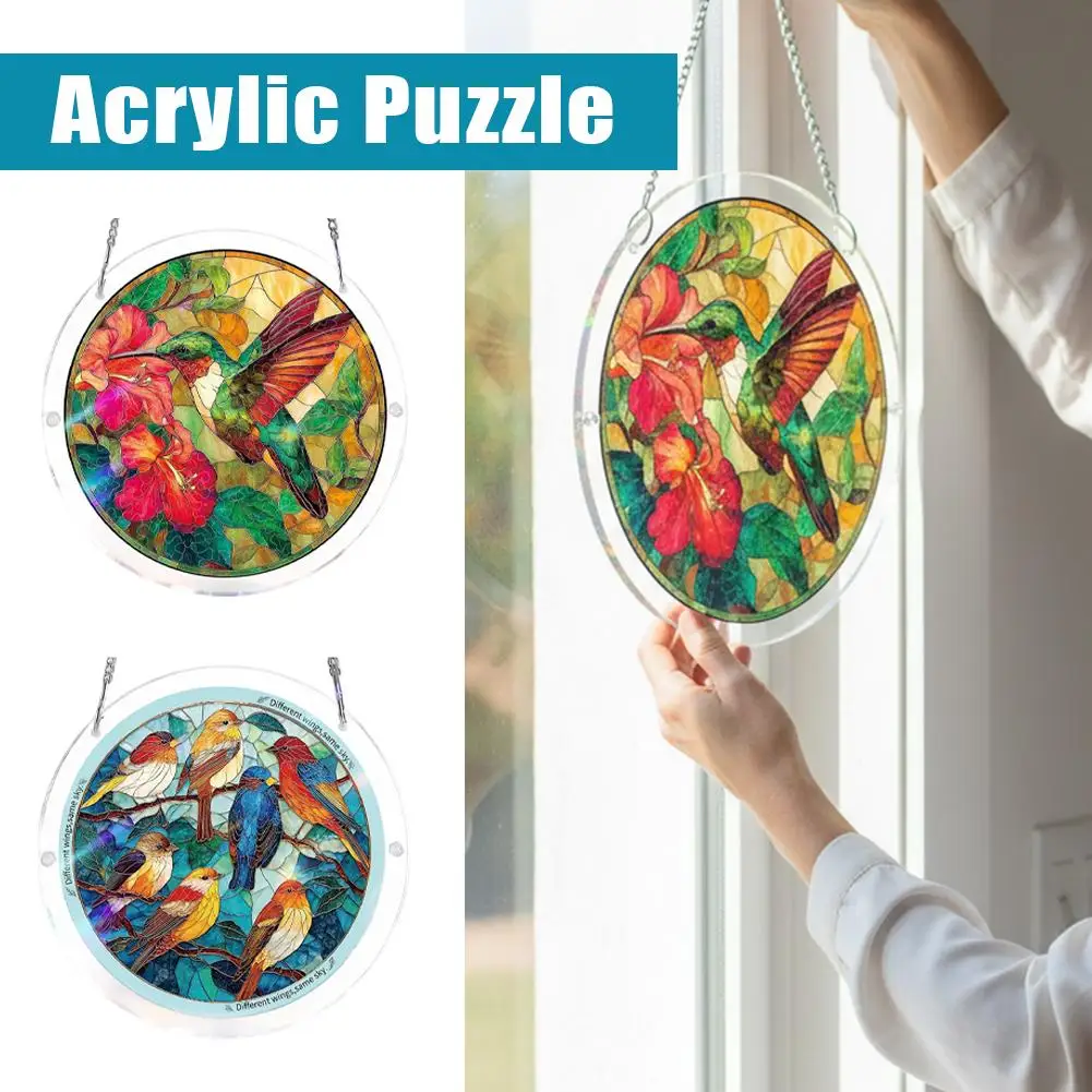 

Hummingbird Floral Acrylic Puzzle Hanging Ornament 20cm Round Stained Glass Style Window Wall Pendant Multi-Scene Home Garden
