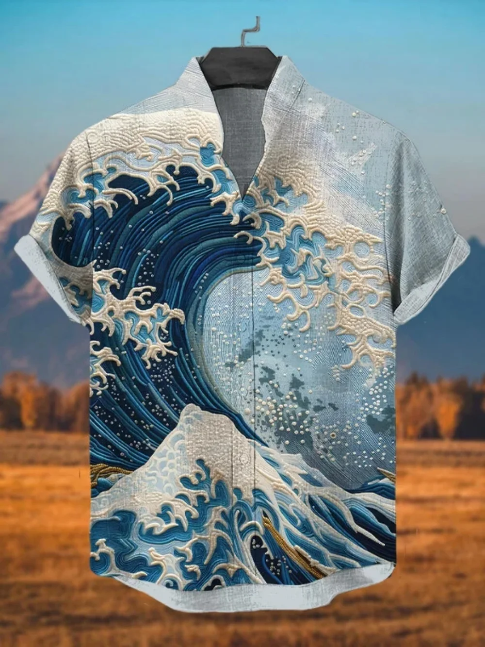

Men's short sleeved stand up collar shirt, vintage printed wave cardigan button up shirt, street men's casual top plus size