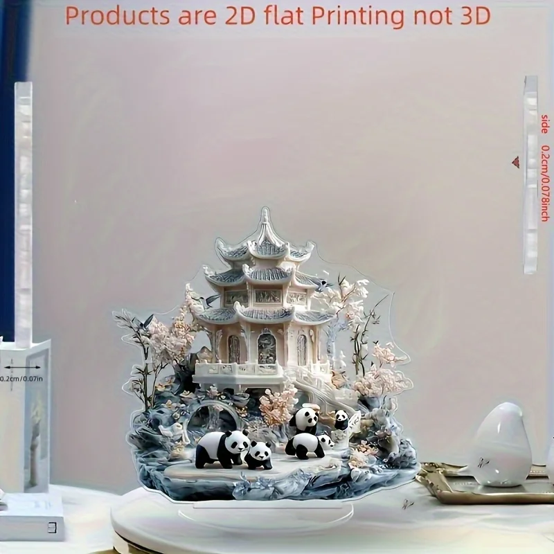 2D Flat, 2D Flat Panda Garden Acrylic Tabletop Decor - Elegant Panda & Pagoda Landscape Design, Multifunctional Home Decoration
