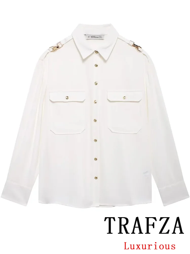 

TRAFZA Vintage Chic Solid Women Blouse Long Sleeve Pockets Single Breasted Loose Blouse Fashion 2024 Autumn Winter Shirts