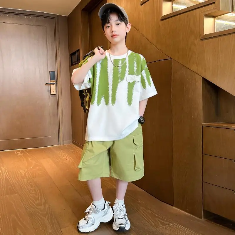 Boys Sport Clothing Sets Summer Big Kids Loose Clothes Suit Short Sleeve Tops+Shorts 2Pcs Children Fashion Handsome Outfits