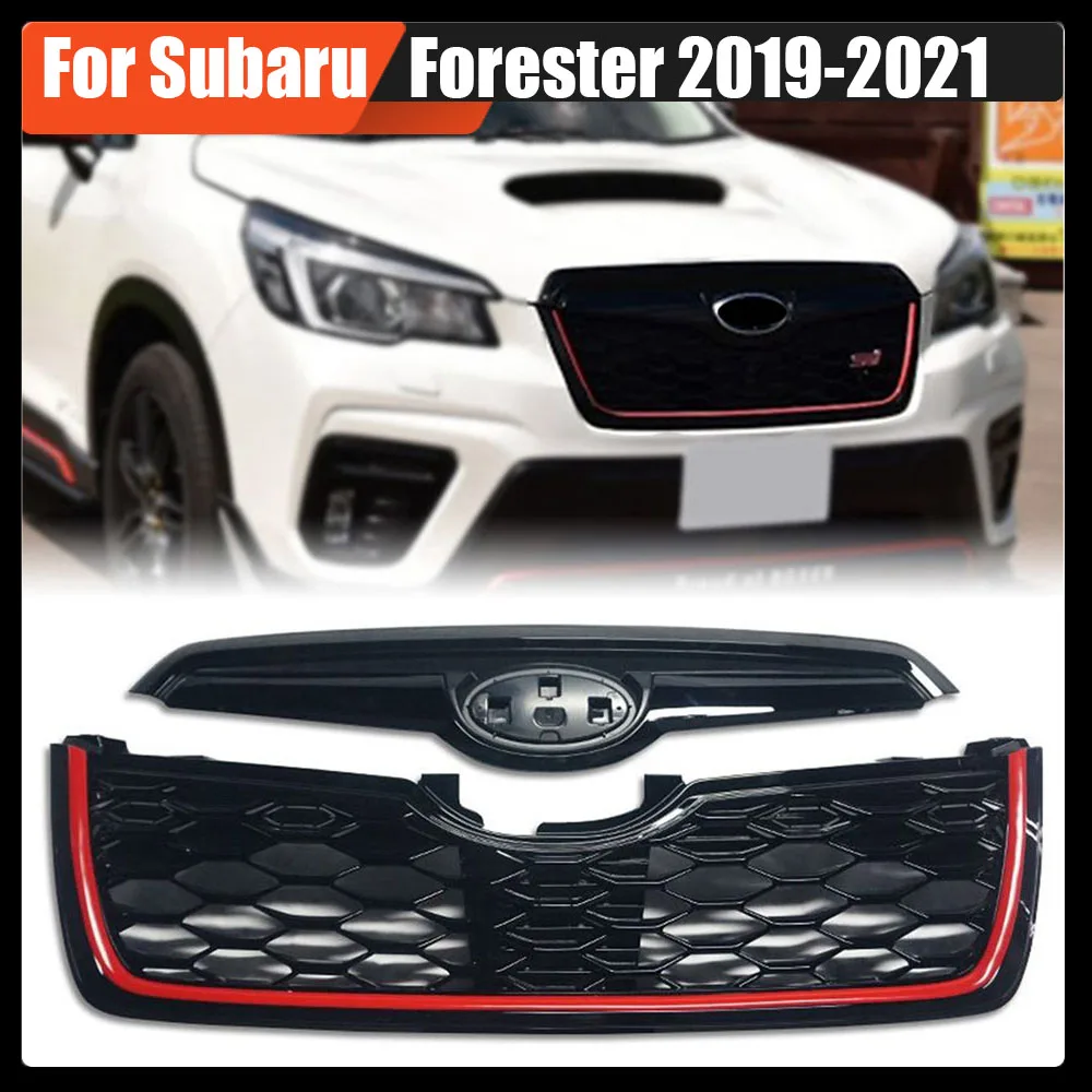 

For Subaru Forester 2019-2021 Bumper Grille Abs Sport X-Break Style Front Grill Mesh Kit Upper-Lower GLoss Black W. Red Strip
