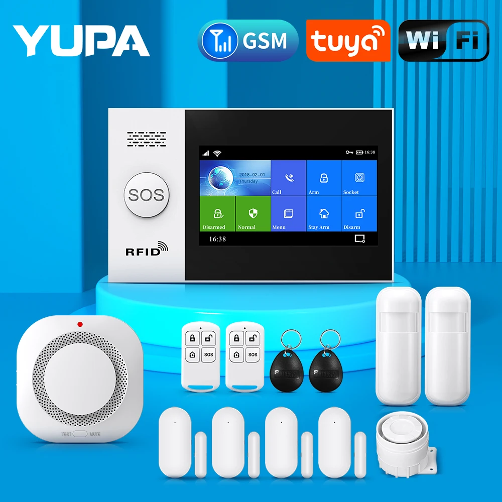 Tuya-WiFi Sistema de Alarme GSM, Detector de Fumaça Kits, Porta Sensor, Alarmes de Segurança Sem Fio para Casa, Suporte Alexa, Google Home App