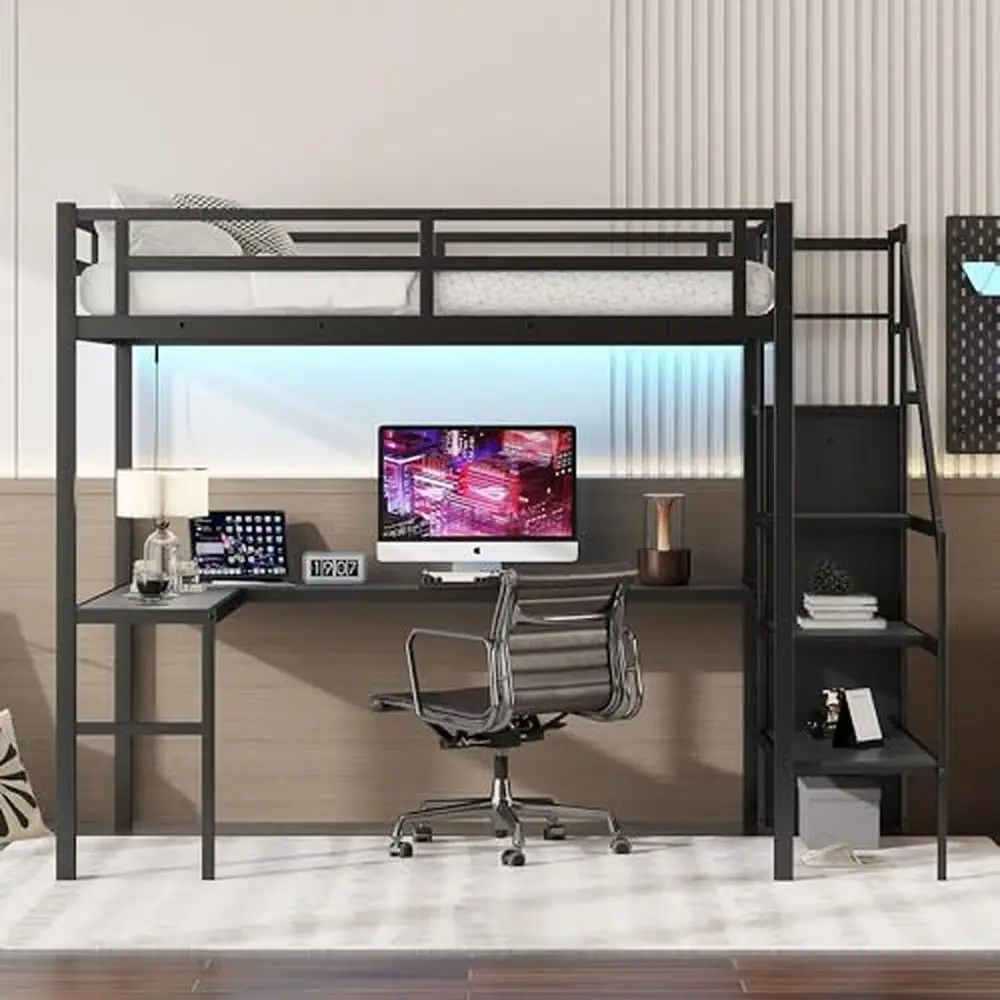 Full Size Gaming Loft Bed L-Shaped Desk Wardrobe Adjustable Shelf LED Charging Station Meta Loft Bed Kids Cozy Gaming Learning