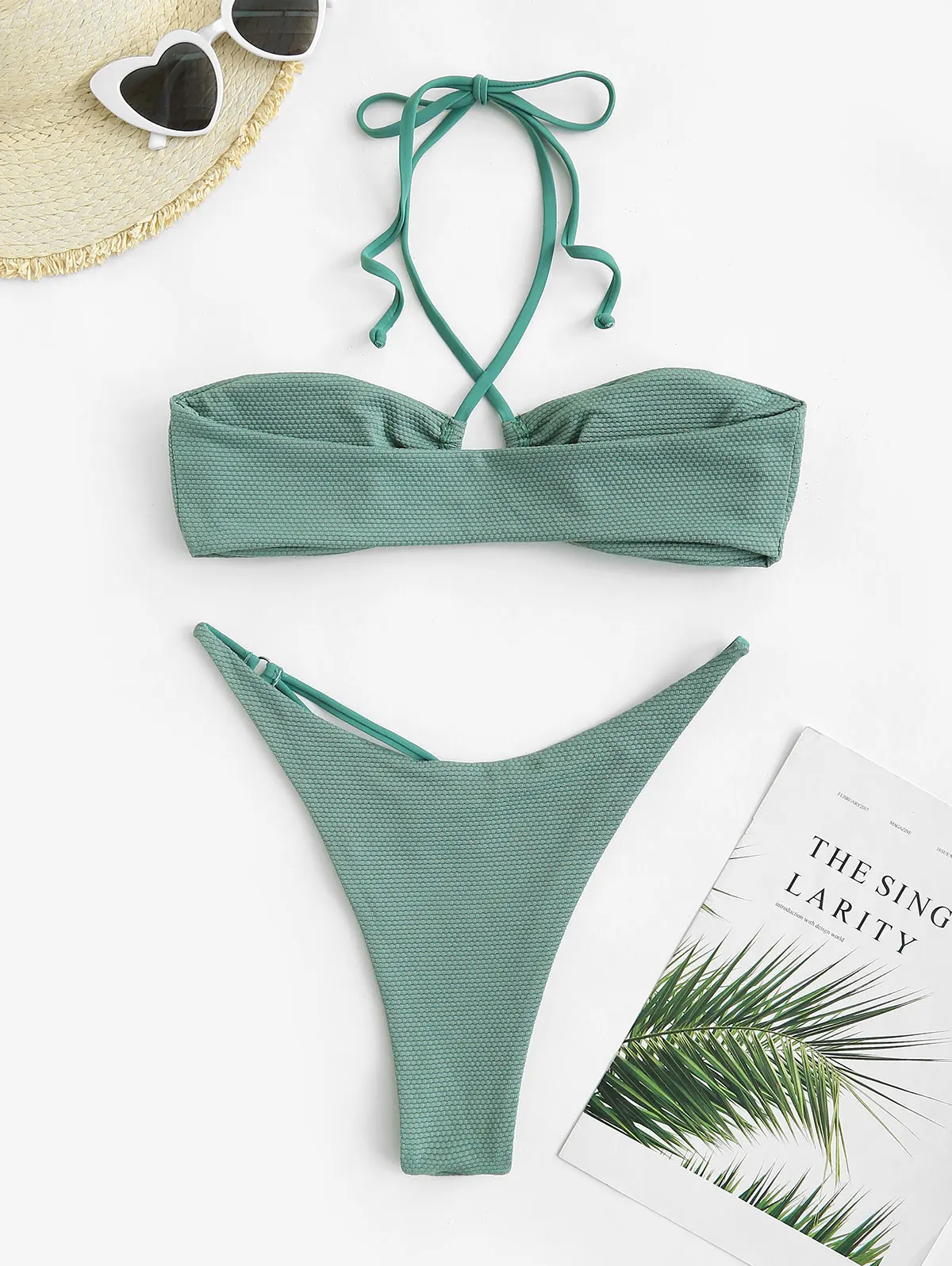 Zaful-Texturizado Halter Biquíni, Perna Alta Strappy Swimwear