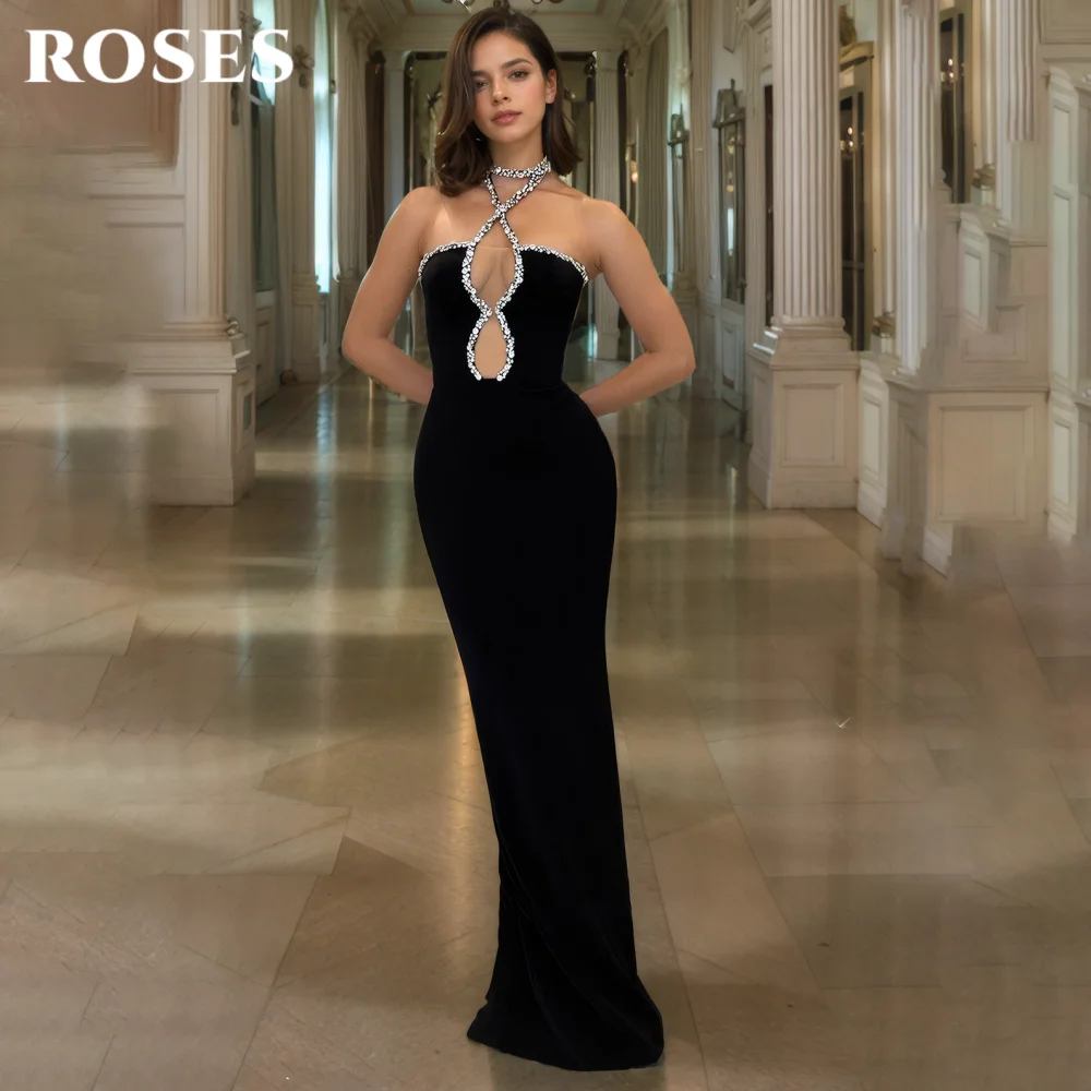 

ROSES Black Sexy Prom Dresses Halter Hollow Prom Gown Satin Shiny Beadwork Formal Gown for Woman abiti da cerimonia Customized