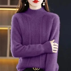 Autumn Winter Women Sweater Korean Fashion Warm Bottoming Shirts Half High Collar Basic Knitwear Solid Long Sleeve Pullovers