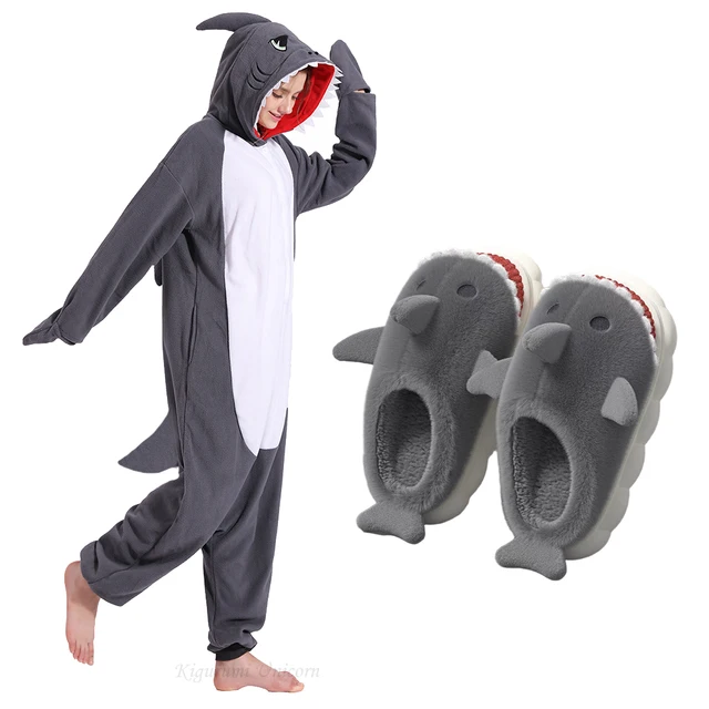 Winter Party Fleece Onesie Adult Fleece Gray Shark Kigurumi Unicorn Animal XXL Cartoon Suit Women Men Pajama Anime Whale Slipper