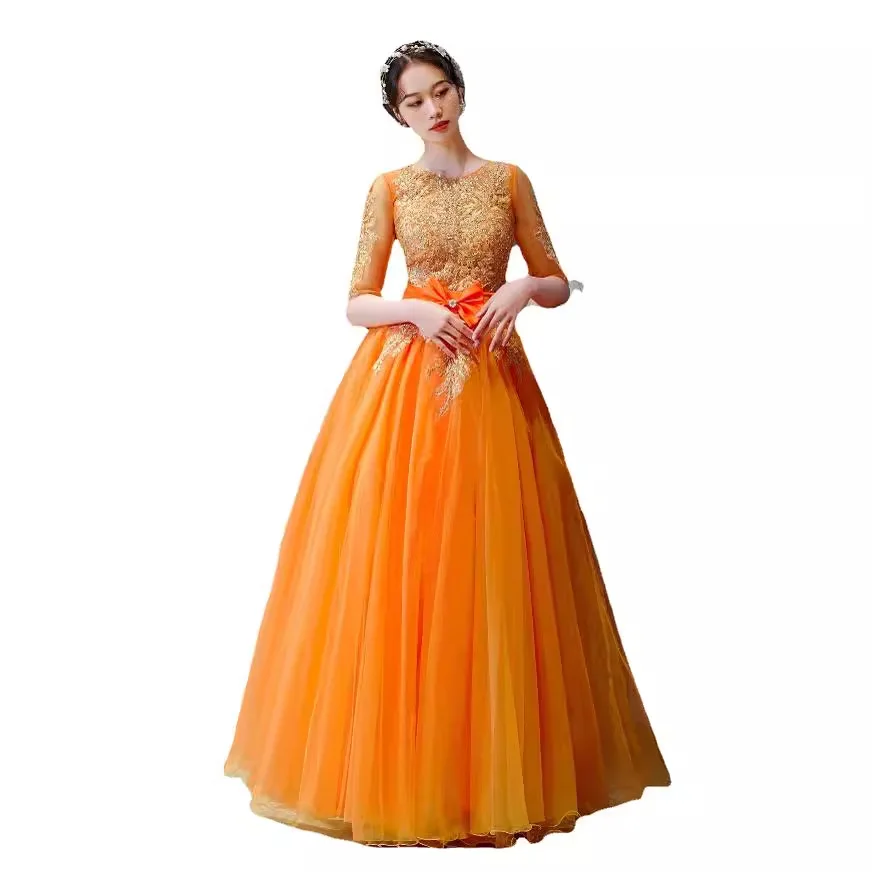 Vestidos de quinceañera naranja, lazo dulce de 16 años, fiesta de graduación, Vintage, largo hasta el suelo, lentejuelas, vestido de baile, bordado de encaje, Media manga