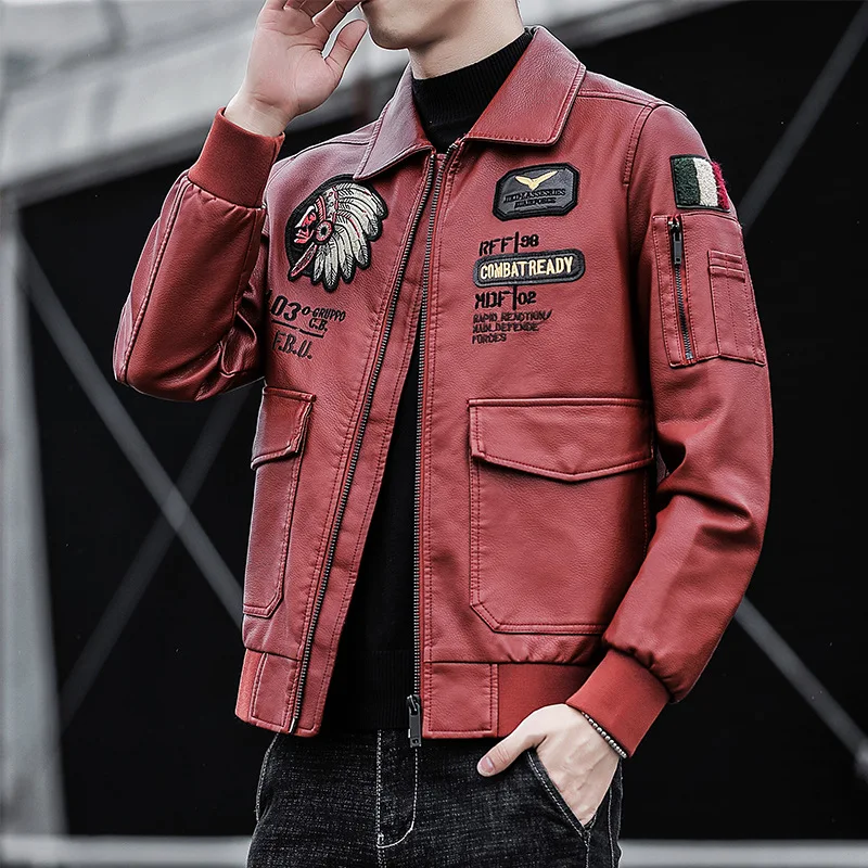 

Motorcycle Jacket PU Leather Jacket with Lapel Embroidery Mens Coat Top