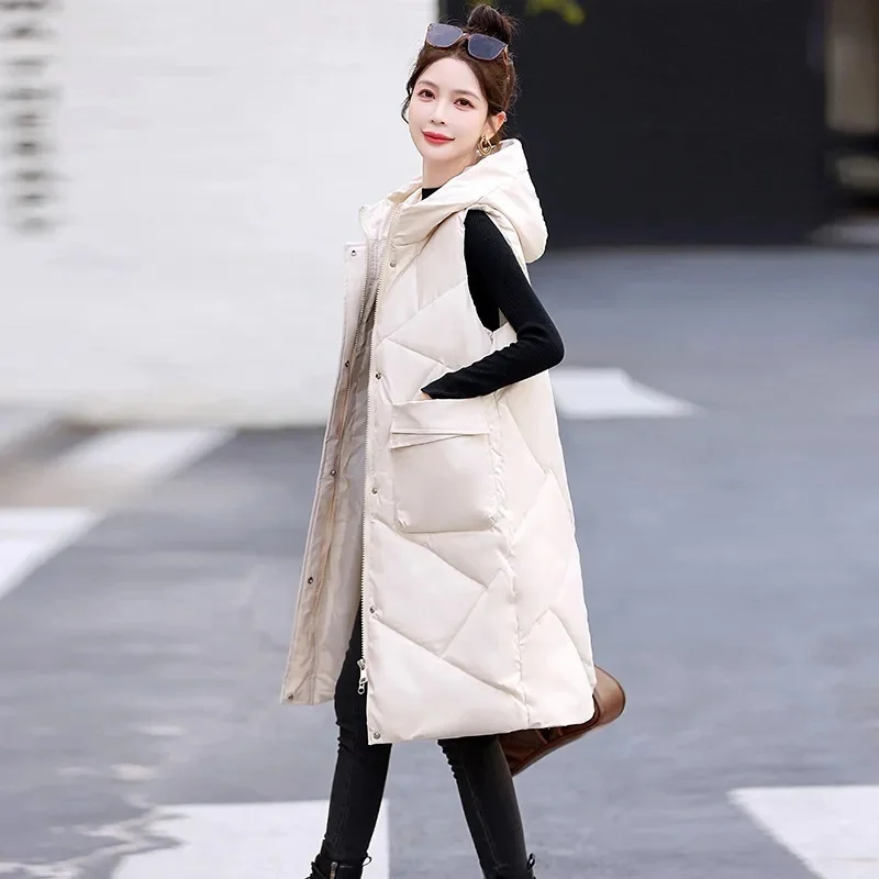 

2026 NEW Autumn Winter Vest Fashion Mid-Length Women's Down Cotton Vest Thicken Hooded Cotton Jacket Female Waistcoat Outerwear