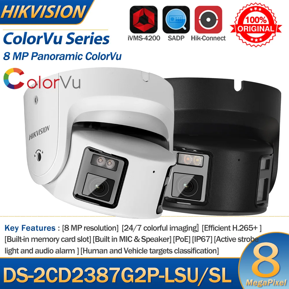 Hikvision DS-2CD2387G2P-LSU/SL 8MP Camera 4K Turret Panoramic ColorVu Color Night Built-in Mic Speaker Strobe Light Audio Alarm