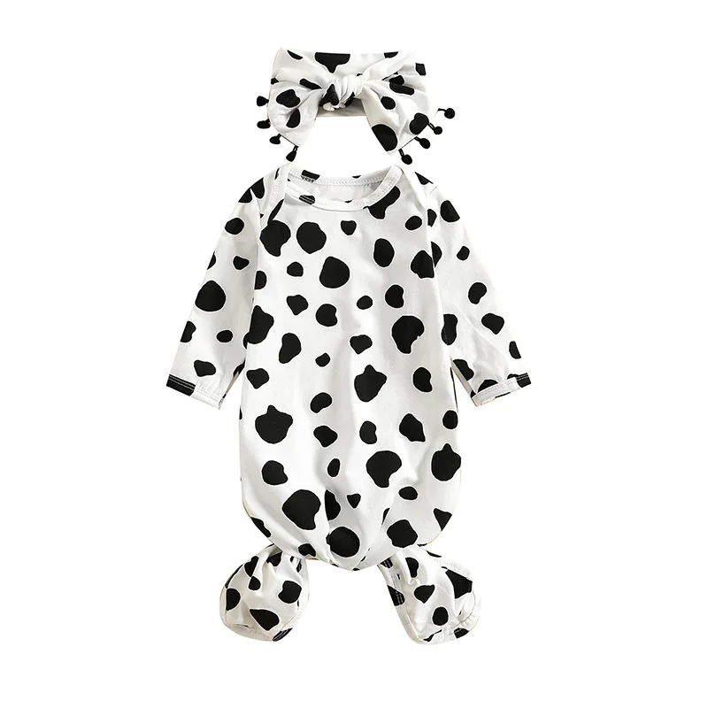 ZZLBUF Infant Newborn Baby Girls Cow Floral Sleep Gown Headband Long Sleeve Sleepwear Romper Sleeping Bags Outfits