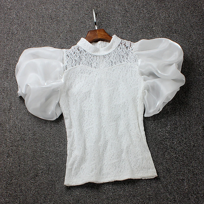 

Elegant White Lace Shirt Women's Summer New Design Hollow out Bubble Sleeve Fashionable Unique Top Commute Style Slim Fit
