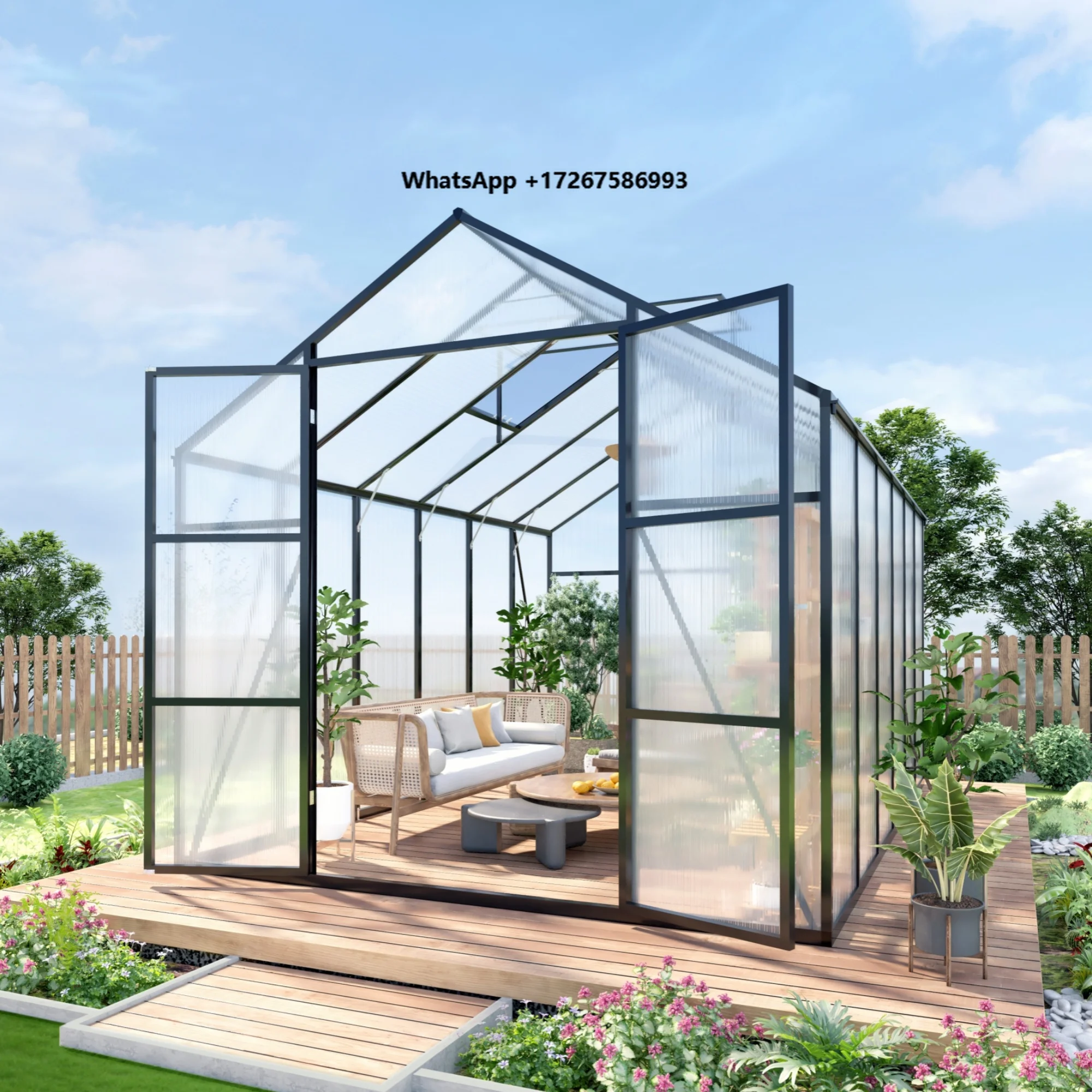8*14ft  in US Polycarbonate Greenhouse with Strong Wind Protection and Roof Vent,Walk-in Large Aluminum Sunroom