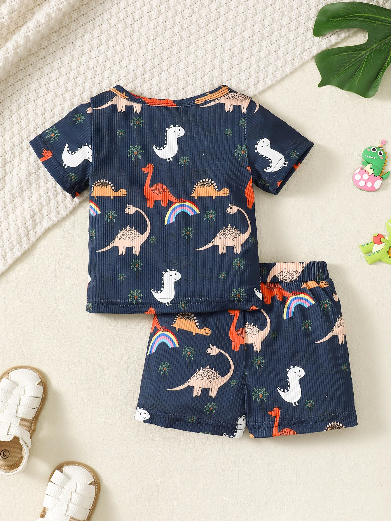 Summer Baby Boy Cute Cartoon Dinosaur Rainbow Print Casual Suit Round Neck Short Sleeve Top Elastic Waist Comfortable Pants