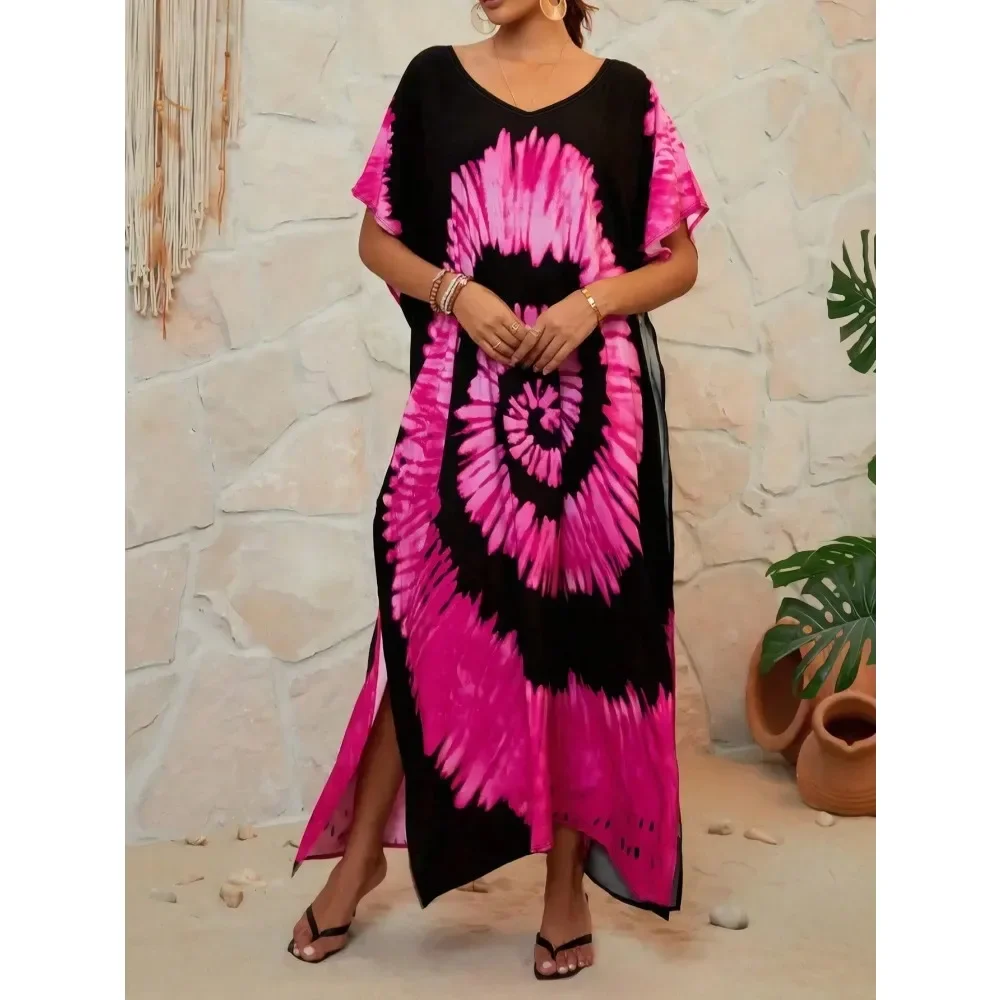 Plus size novo feminino boho tie-dye com decote em v praia cover-up vestido longo em torno do pescoço vestido plissado de manga curta
