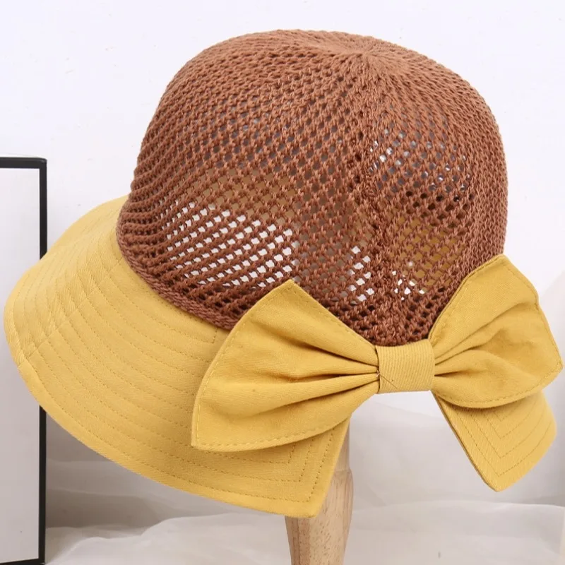 2024 New Women\'s Summer Sunscreen Hat Breathable Shade Korean Version Of All Knitted Hollow Bow Decorative Fisherman Hat