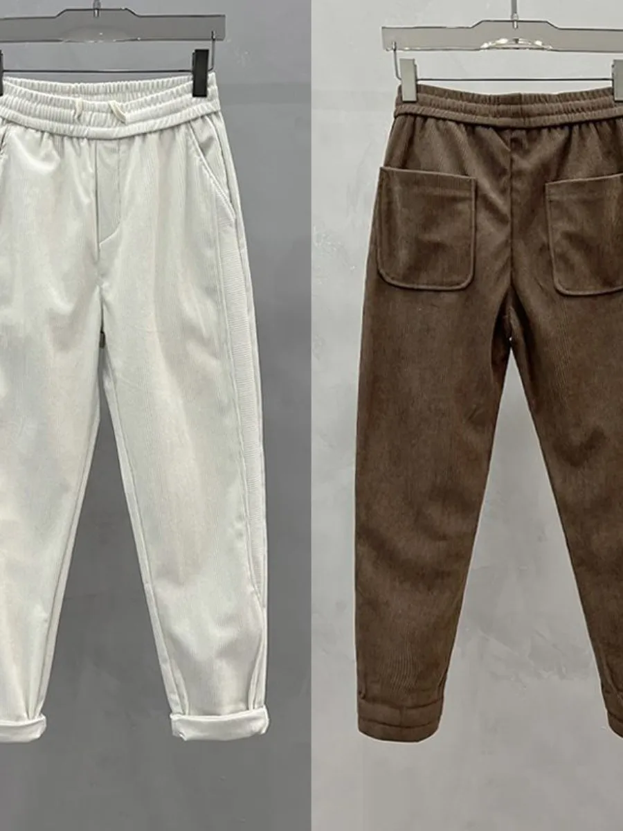 

Men's Casual Harlan Pants Autumn Winter Corduroy Sports Youth Versatile Korean Sle Bright Tead Detail l Waist Zipper