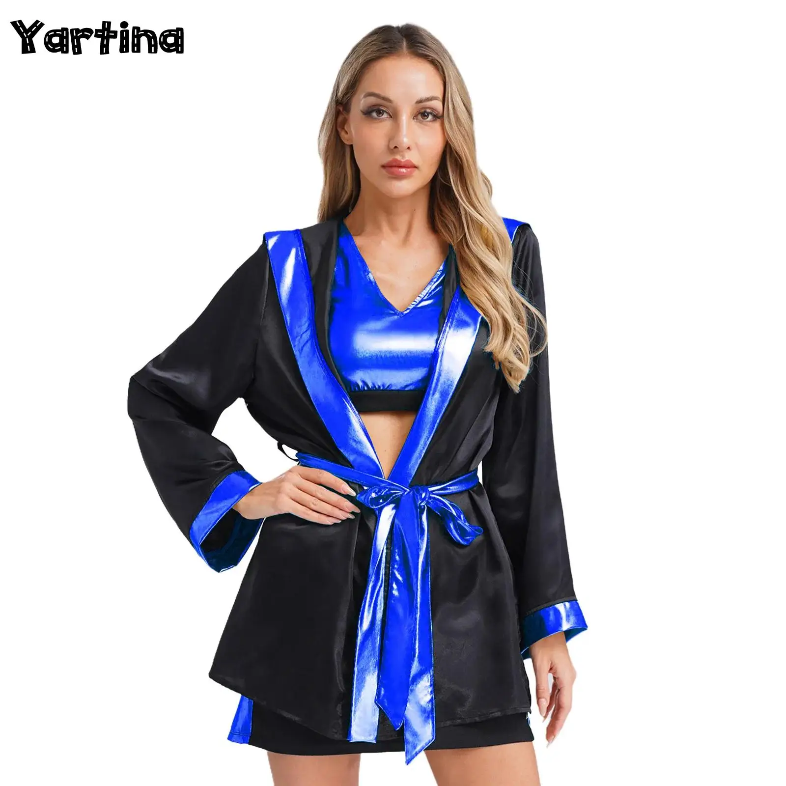 

Women Boxing Kickboxing Muay Thai Carnival Cosplay Costume Tank Tops with Skirt Hooded Coverup Robe And Belt Set Boxer Outfit