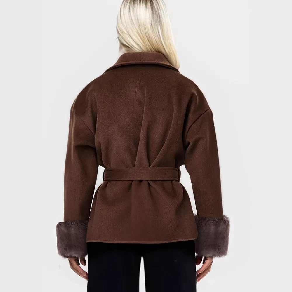 Autumn and winter popular women' clothing in Europe and America, woolen coat temperament fashionable lace-up waist and thin coat