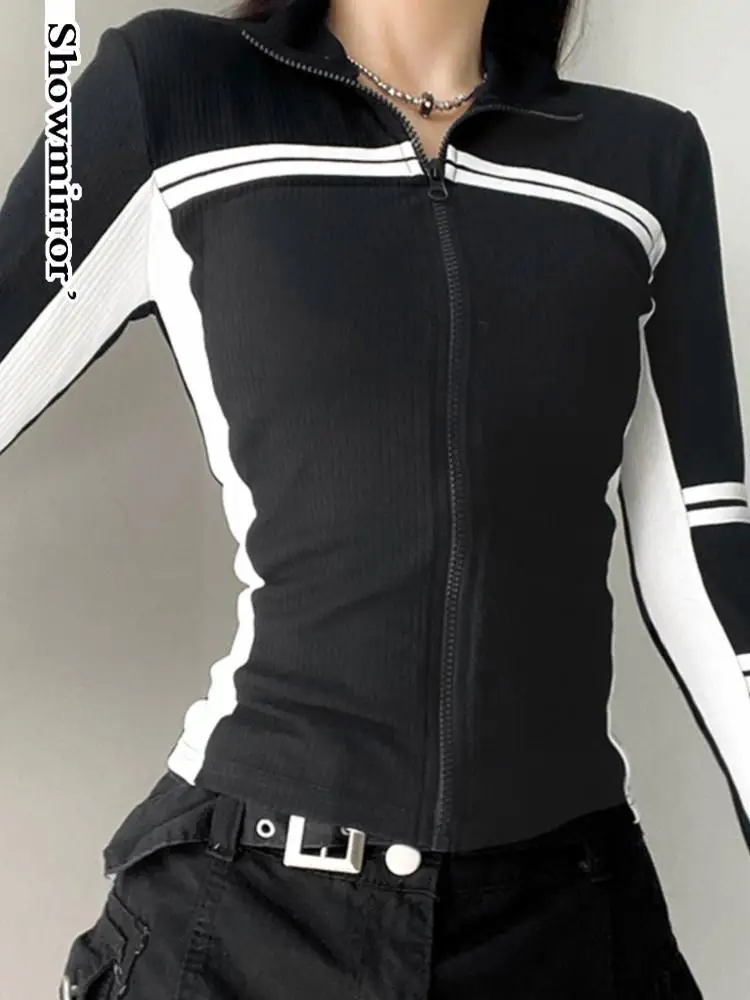 Black Sporty Casual Zipper Coat Outwear Rave Biker Striped Long Sleeve Fitted Women Biker Tops bodycon teachwear Jacket