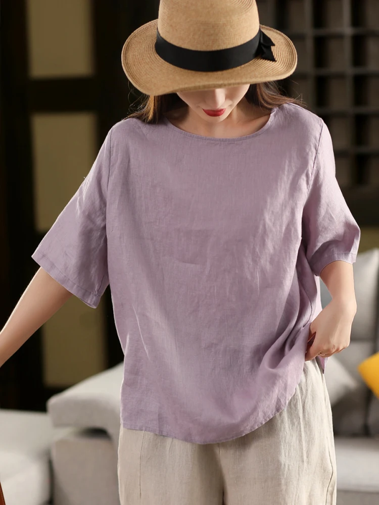 

Retro Waed Linen irt Loose Fit mid Sve Overhead round Ne Pure Color Women's Comfortable Sle Commute Summer Top