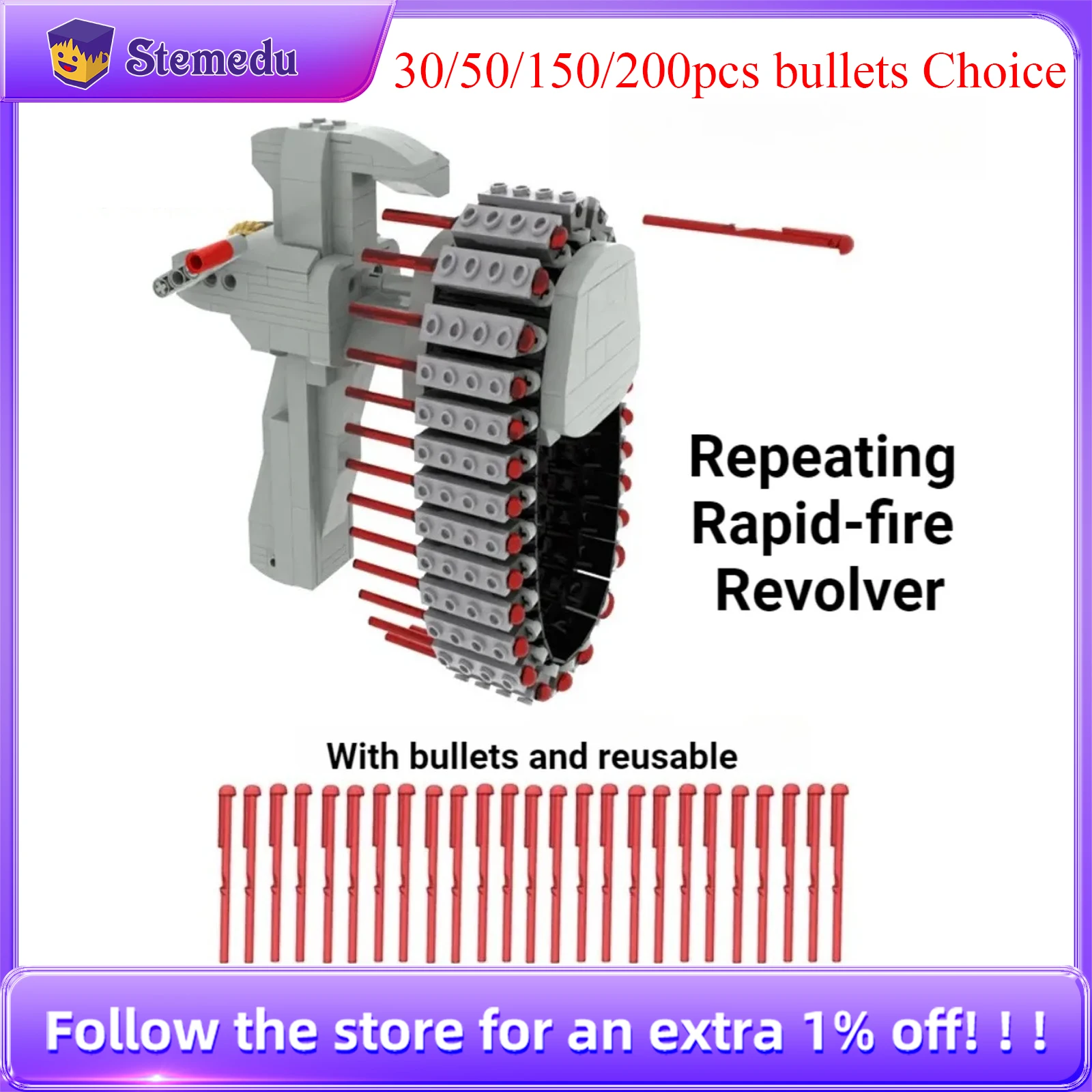

MOC Repeating Rapid-fire Revolver Model with Launcher Bullet Building Blocks 15301 15303 Assembly Educational Bricks Toys Gift
