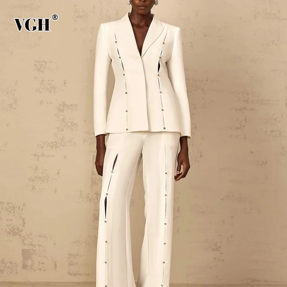 

VGH Hollow Out Slimming Solid Two Piece Sets For Women Lapel Long Sleeve Top High Wait Pants Elegant Set Female Fashion Style